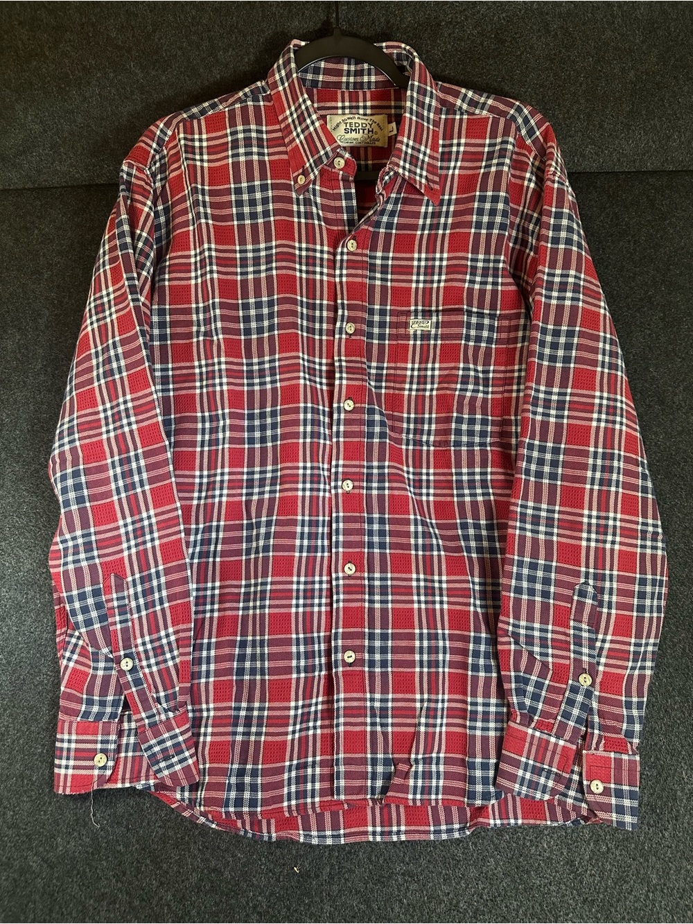 Teddy Smith Men's Long Sleeve Button Down Shirt Red Blue Plaid Size L